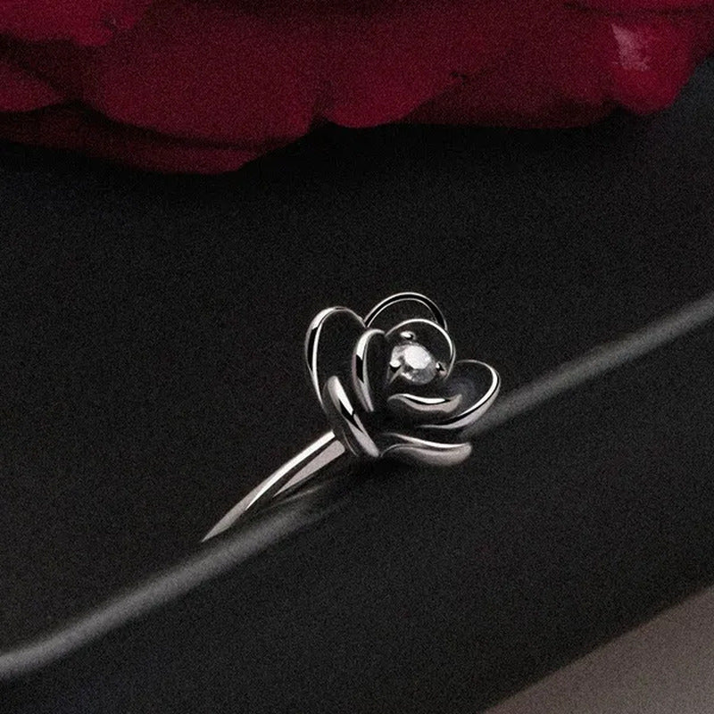 Simple Ladies Antique Silver Black Rose Flower Floral Ring for Women Female Wedd