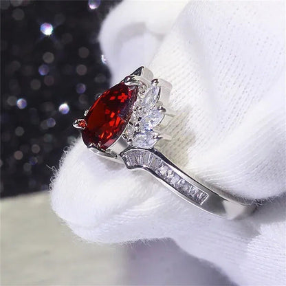 New 925 Sterling Silver Fashion Natural Ruby Angel Teardrop Diamond Ring Engagem