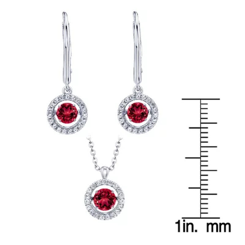 Dancing Lab Created Red Ruby Pendant and Earring Set in Sterling Silver