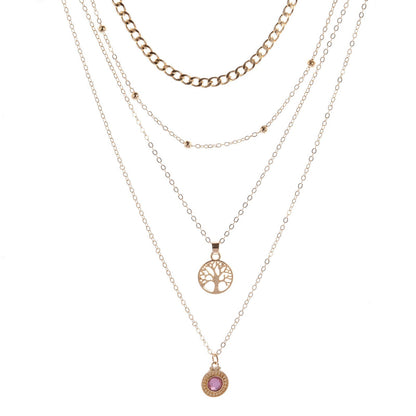 Fashion All-Match Retro Tree of Life Gemstone Point Diamond Pendant Necklace