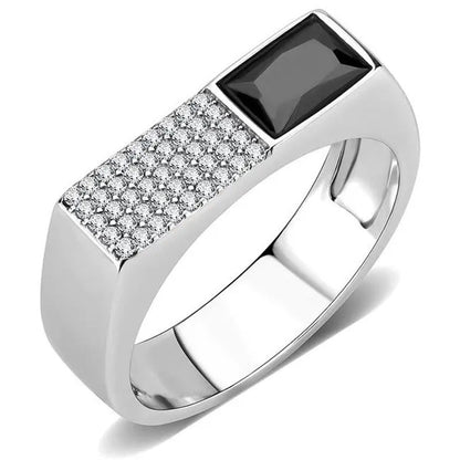Men High Polished Stainless Steel Ring with AAA Grade CZ in Black Diamond - Size