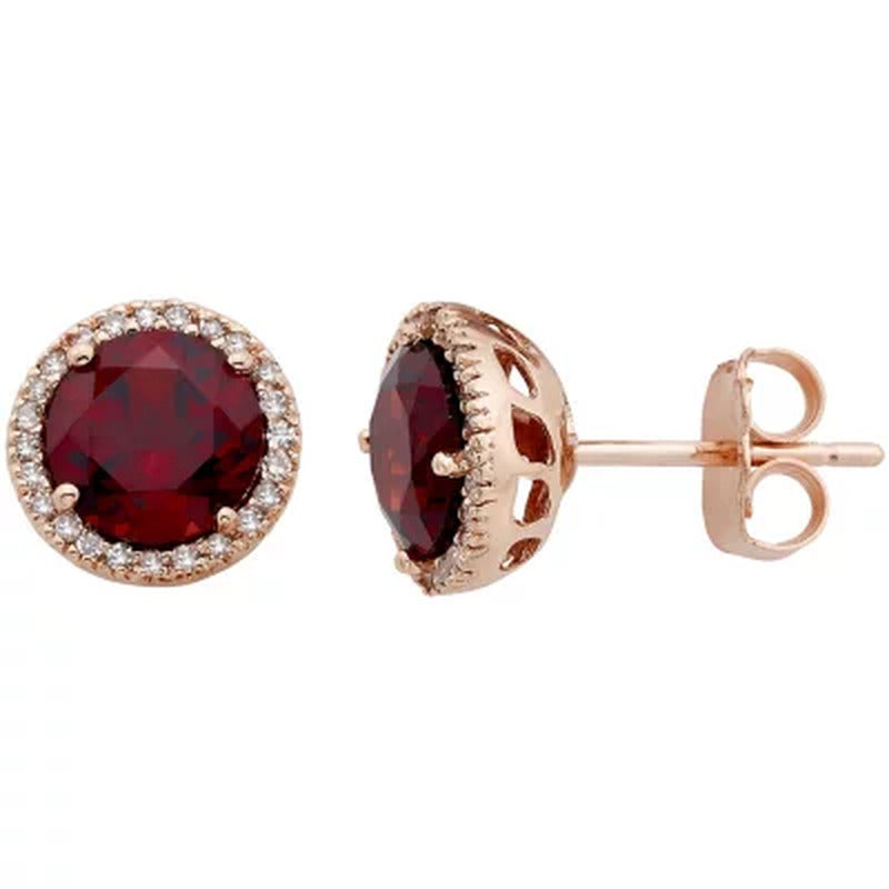 2.0 CT. T.W. Garnet and 0.13 CT. T.W. Diamond Earrings in 14K Rose Gold