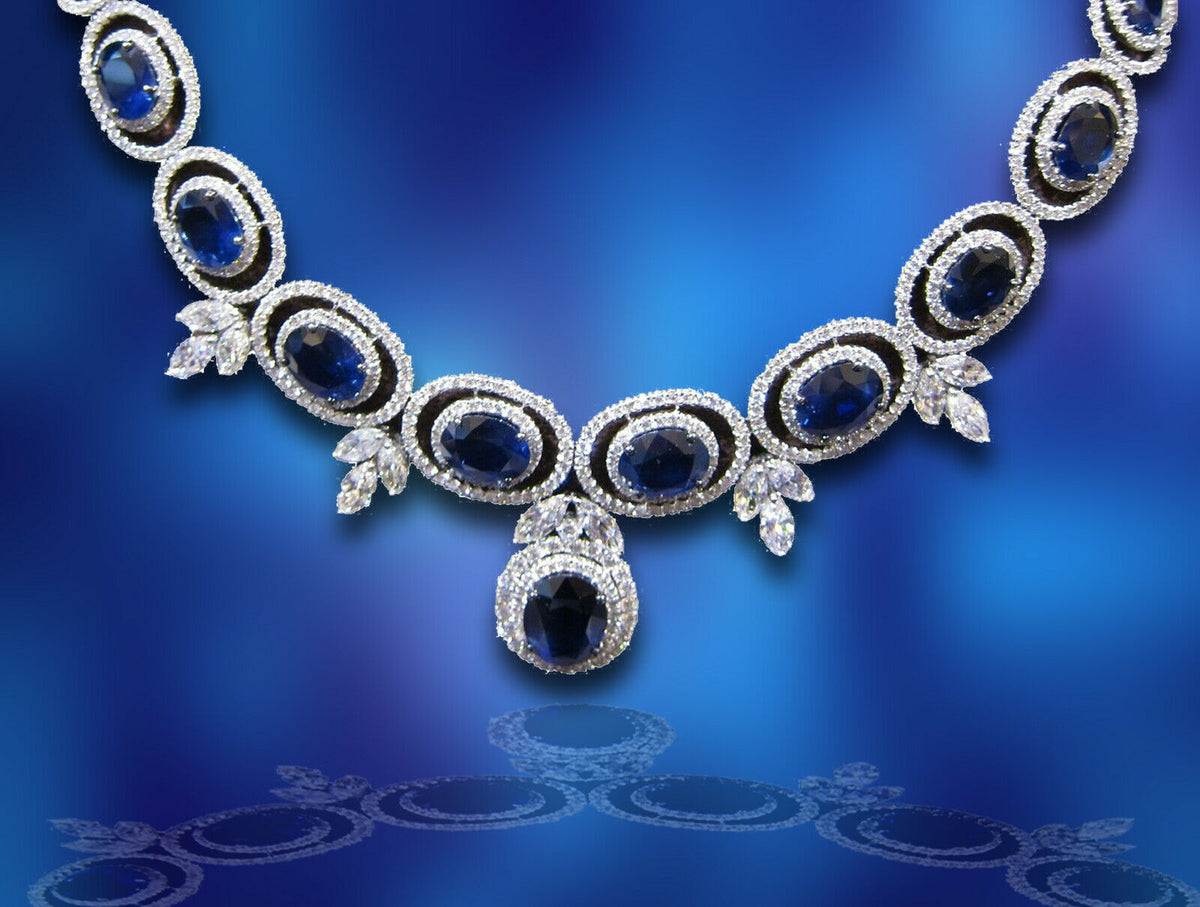 SAPPHIRE OVAL SHAPE ALL GEMSTONE NECKLACE DIAMOND ROUND MARQUISE SET NECKLACE