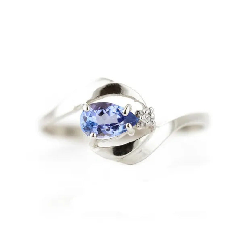 14K Solid White Gold Ring with Natural Diamond and Pear-Shaped Tanzanite