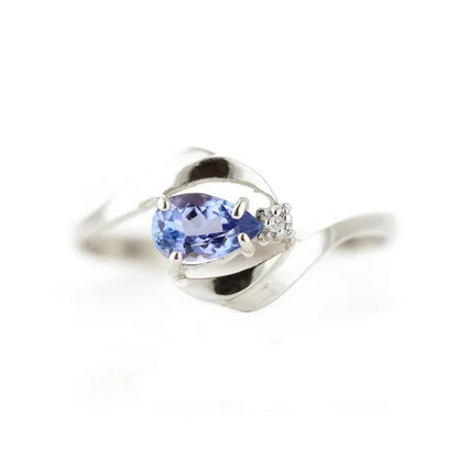14K Solid White Gold Ring with Natural Diamond and Pear-Shaped Tanzanite