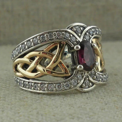 Vintage Women'S Fashion Two Tone Silver & Gold Red Ruby & Blue Sapphire Celtic R