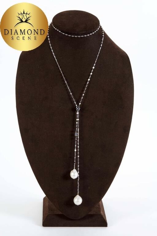 Baroque Pearl Black Diamond Gold Lariat Necklace