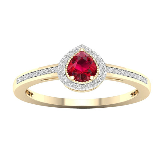 Imperial Gemstone 10K Yellow Gold Pear Ruby 1/8 CT TW Diamond Halo Women'S Ring