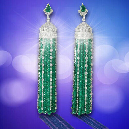 Emerald and Diamond 18 k white Gold Tassel Earrings