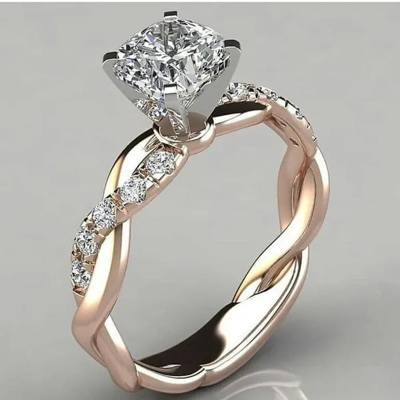Twisted Shape Diamond Ring Wedding Band Two Tone Rose-Gold Silver Fashion Jewelr