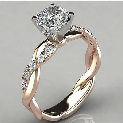 Twisted Shape Diamond Ring Wedding Band Two Tone Rose-Gold Silver Fashion Jewelr