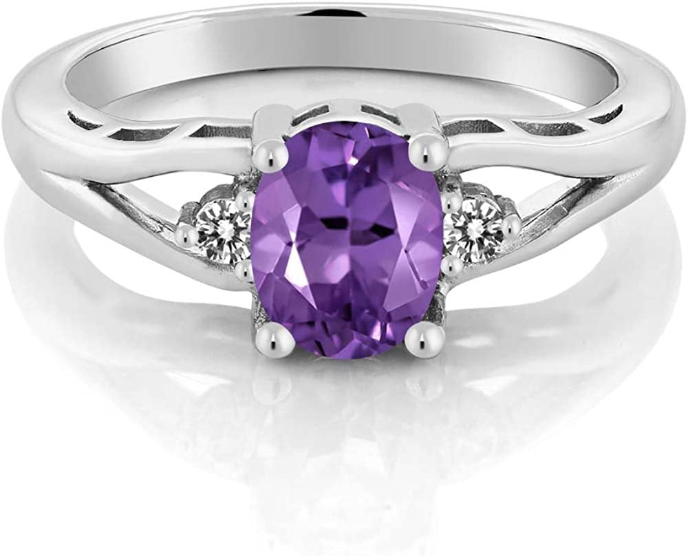 925 Sterling Silver Amethyst and White Diamond 3-Stone Women'S Ring (1.16 Cttw,