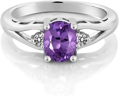 925 Sterling Silver Amethyst and White Diamond 3-Stone Women'S Ring (1.16 Cttw,
