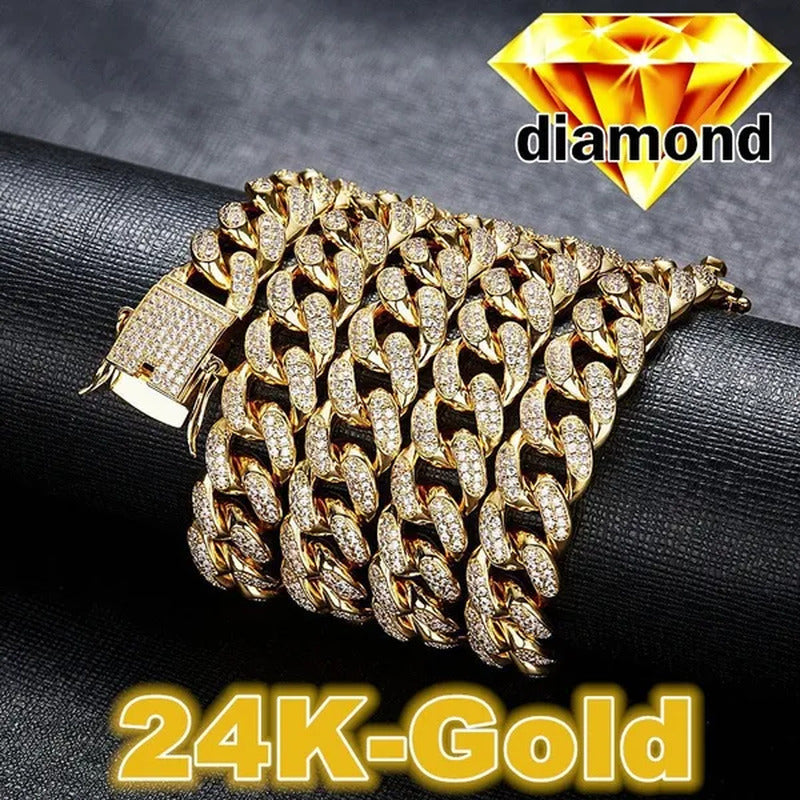 New 2018 Mens Womens Fashion Chain Hiphop Iced Out Curb Cuban Diamond 18K Gold /
