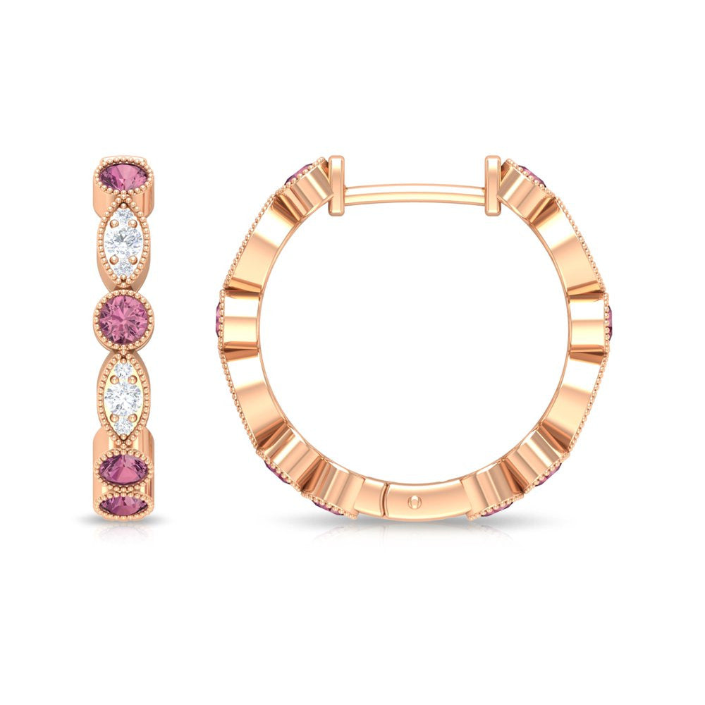 3/4 CT Pink Tourmaline and Diamond Hoop Earrings, Pink Tourmaline Vintage Earrin
