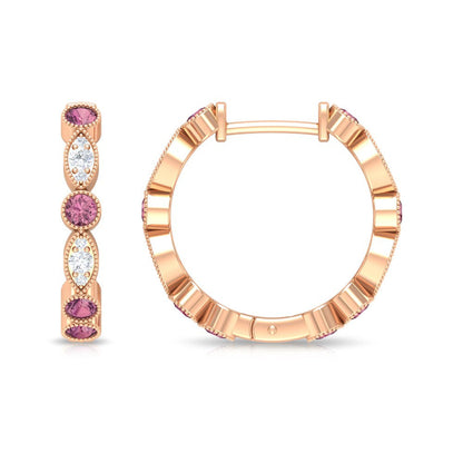 3/4 CT Pink Tourmaline and Diamond Hoop Earrings, Pink Tourmaline Vintage Earrin