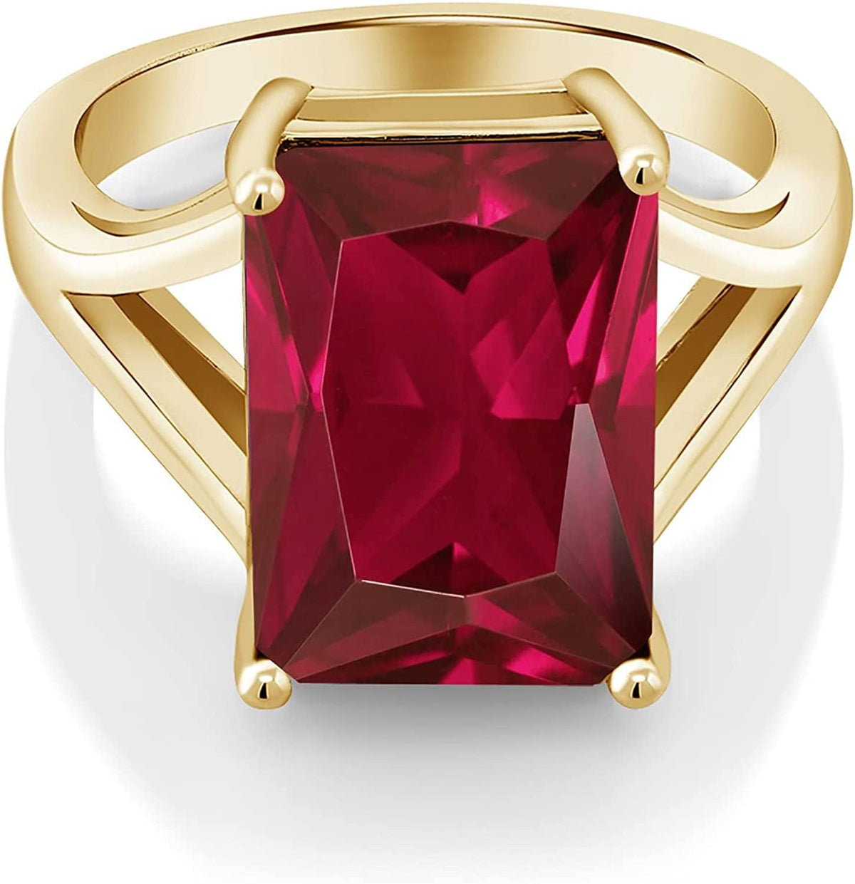 18K Yellow Gold Plated Silver Emerald Cut Created Ruby Solitaire Ring for Women