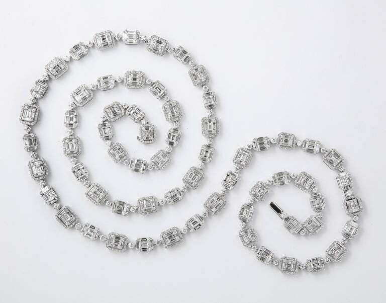 Emerald Cut Long Diamond Illusion Set Necklace and Bracelet Set