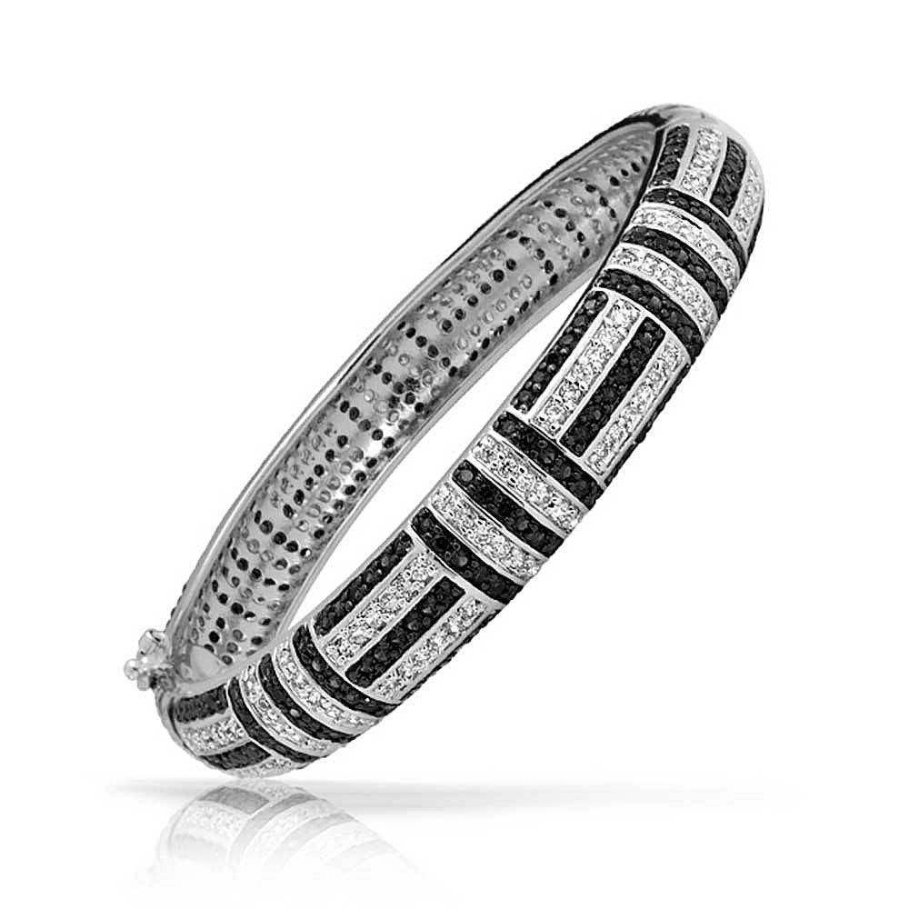 Art Deco Style Black Cubic Zirconia Dome Bangle Bracelet Silver Plated