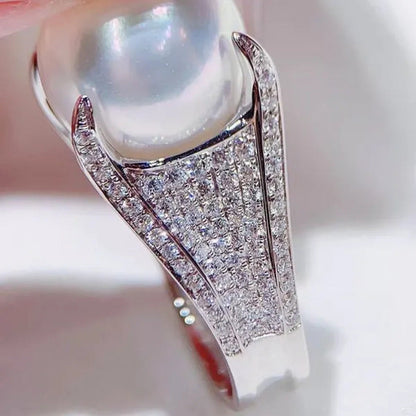 Luxury Noble 925 Solid Silver Micro Pave Diamond 4 Prong Setting Natural Pearl R