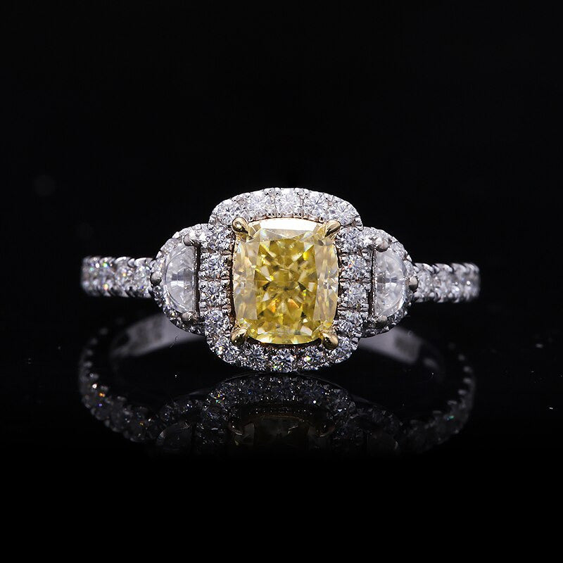 Fancy Yellow Moissanite Cushion Cut Engagement Ring 0.7Ct 5X6Mm for Women Real