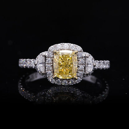 Fancy Yellow Moissanite Cushion Cut Engagement Ring 0.7Ct 5X6Mm for Women Real