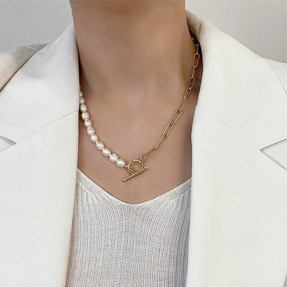 Paper Clip Pearl Necklace Vintage Chunky Link Chain Baroque Cultured Pearls 18K
