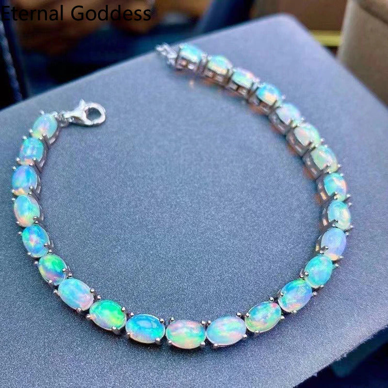 925 Sterling Silver Natural Opal Simple Bracelet Colorful Stone Bracelet Women'S