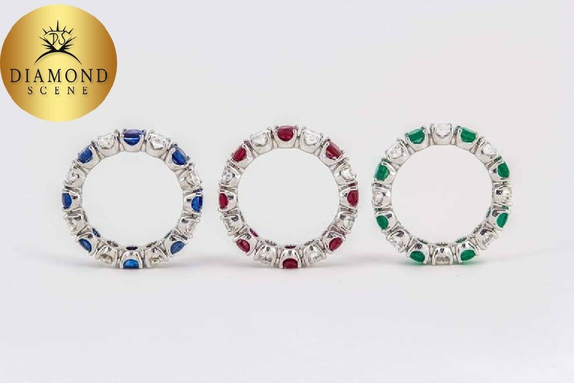 Set of Oval Sapphire Ruby Emerald Diamond Eternity Band Rings