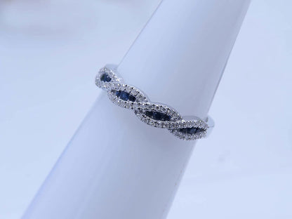 round Blue Sapphire & White Diamond Crisscross Stackable Wedding Band for Women