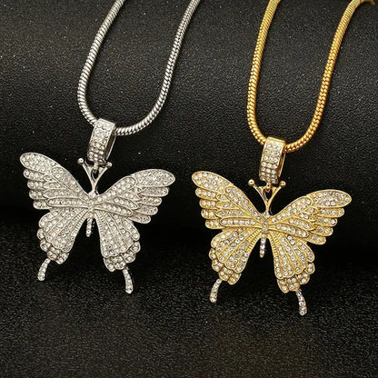 Colorful Butterfly Pendant Necklace Set with Diamond Alloy, Snake Chain, Hip Hop