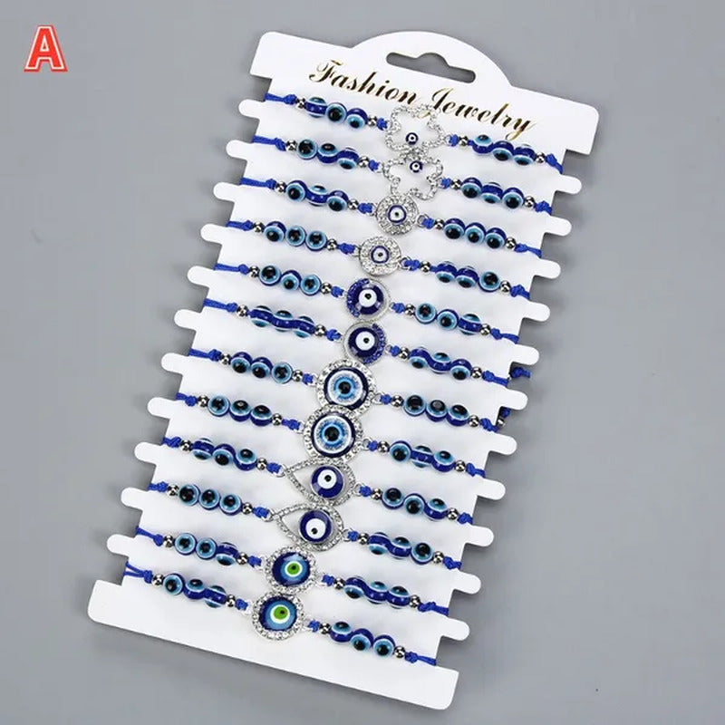 12 Pcs/Set Bohemian Handmade Braided Rope Charm Bracelets Rhinestone Blue round