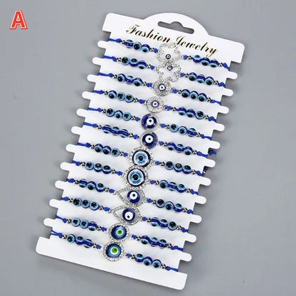 12 Pcs/Set Bohemian Handmade Braided Rope Charm Bracelets Rhinestone Blue round