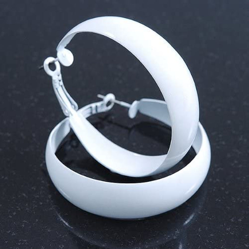 Wide Medium White Enamel Hoop Earrings - 40Mm Diameter