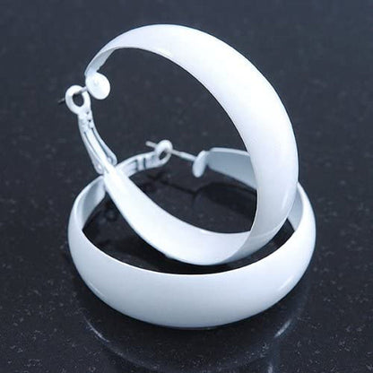 Wide Medium White Enamel Hoop Earrings - 40Mm Diameter