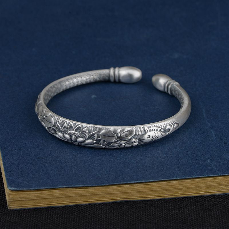 Tibetan Six Words Mantra Vintage Silver Bangles for Women Openable Fish Lotus Bu