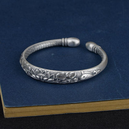Tibetan Six Words Mantra Vintage Silver Bangles for Women Openable Fish Lotus Bu
