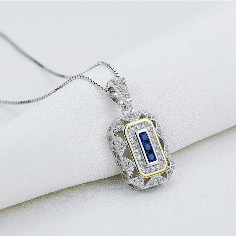 0.50 Ct Blue Sapphire White CZ 925 Sterling Silver Yellow Pendant Chain Necklace