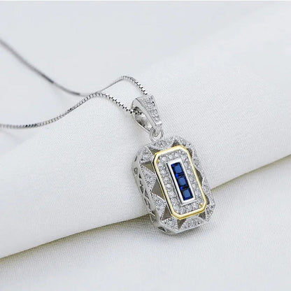 0.50 Ct Blue Sapphire White CZ 925 Sterling Silver Yellow Pendant Chain Necklace
