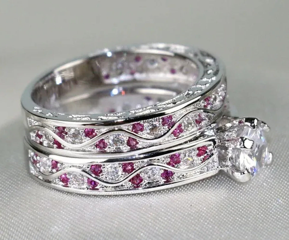Cocktail Ring Heart CZ Ruby 10KT White Gold Filled Women'S Wedding Ring Sets Sz6