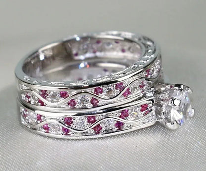 Cocktail Ring Heart CZ Ruby 10KT White Gold Filled Women'S Wedding Ring Sets Sz6