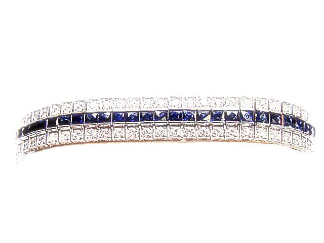 48 SQUARE BLUE SAPPHIRES 96 ROUND BRILLIANT DIAMOND LADIES BRACELET 18 K GOLD