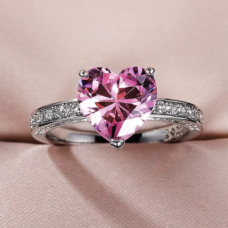Luxury Solitaire Women Heart Diamond Engagement Rings AAAA Pink Sapphire Proposa