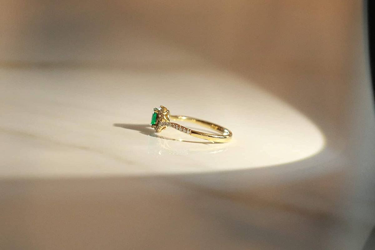 10K Yellow Gold Natural Zambian Emerald Ring with Natural Diamonds for Women | E