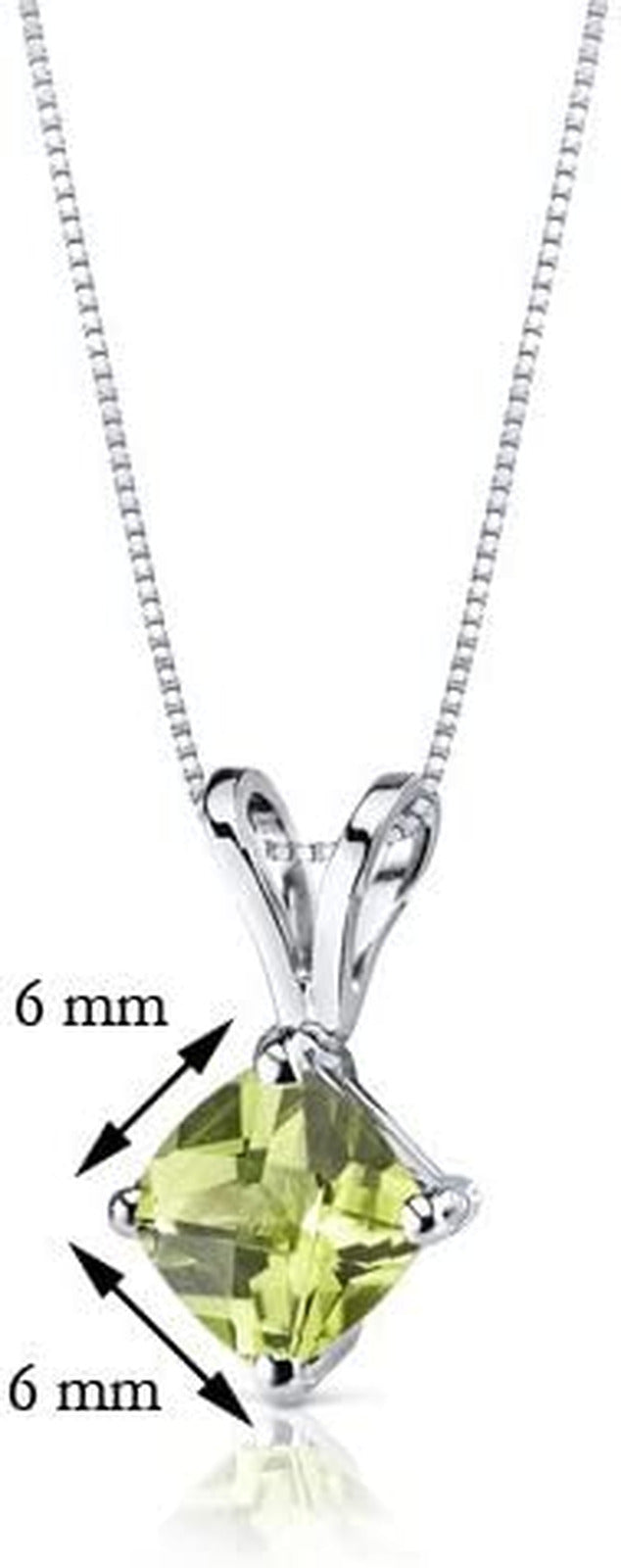 Peridot Pendant in 14 Karat White Gold, Classic Solitaire, Cushion Cut, 6Mm, 1 C
