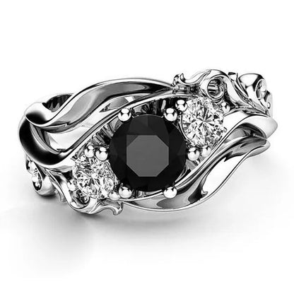 Fashion Ladies Rose Gold Leaf Vine Black Gemstone Rings Jewelry Bridal Romantic