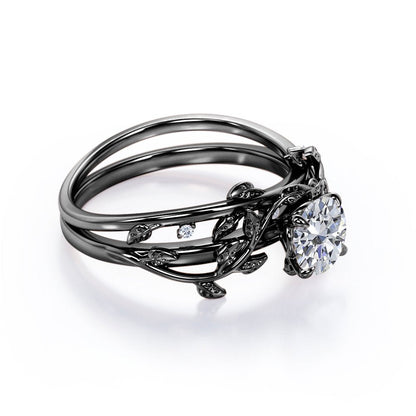 Half Carat round Real Diamond Bridal Set - Leaf and Vine Diamond Wedding Ring Se