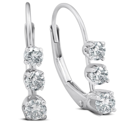 1/2Ct 3 Stone Diamond Hoops Lever Back Earrings 14K White Gold
