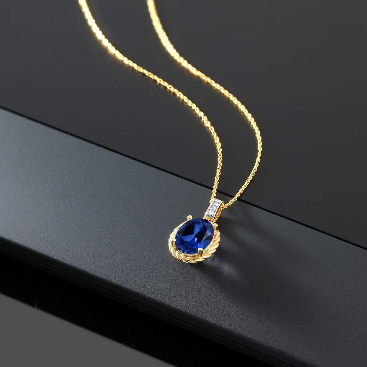 10K Yellow Gold Blue Created Sapphire and White Diamond Pendant Necklace for Wom