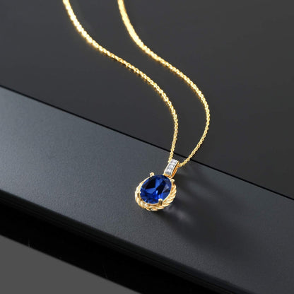 10K Yellow Gold Blue Created Sapphire and White Diamond Pendant Necklace for Wom